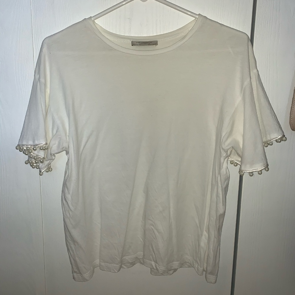 Zara White T-Shirt w/ Pearl Sleeves